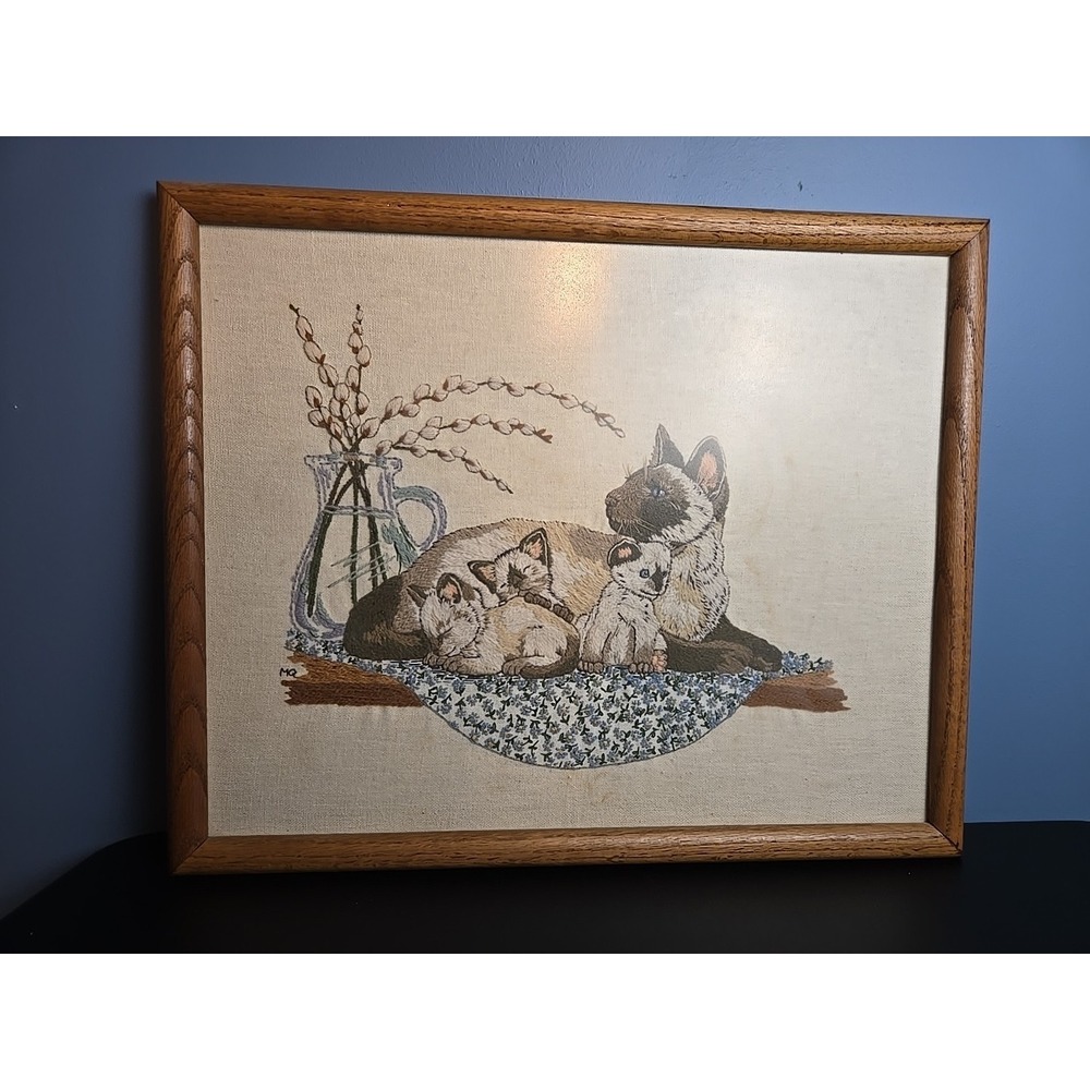 Mother's Pride Siamese Cat & Kittens Crewel Embroidery Completed‎ Framed 21x17.5